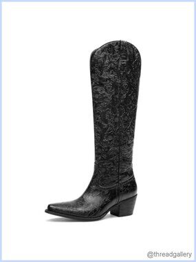 Women's Black Cowboy Boots Knee High Western Chunky Block Heel Pointed Toe